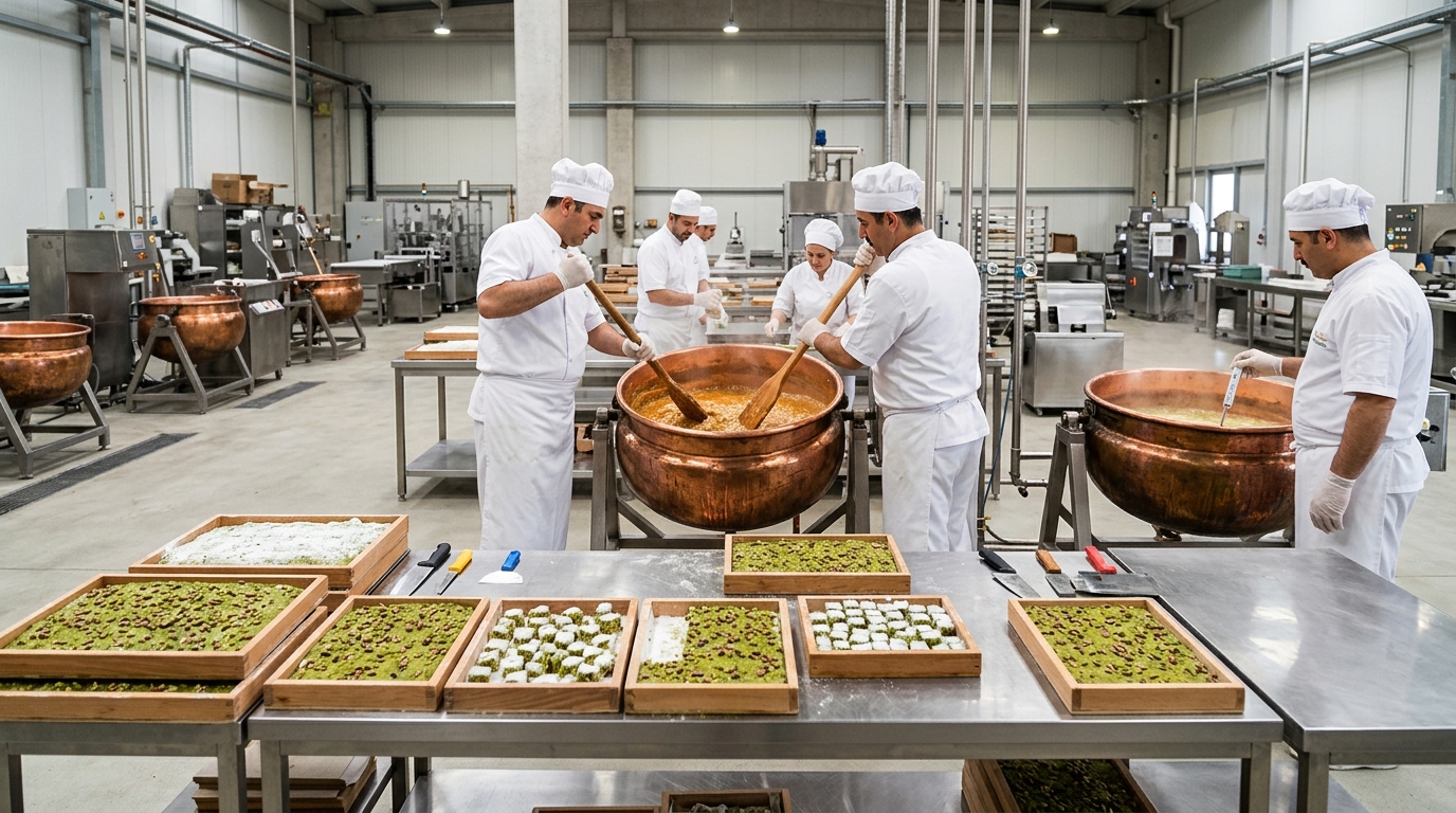 Artisan Turkish delight bulk production in traditional copper cauldrons at Ayasofya Lokum 1000 sqm factory