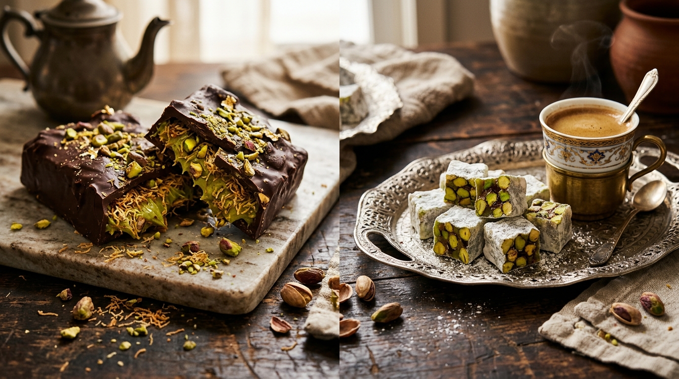 Visual comparison between viral Dubai chocolate and authentic Ottoman double-roasted pistachio Turkish delight with coffee