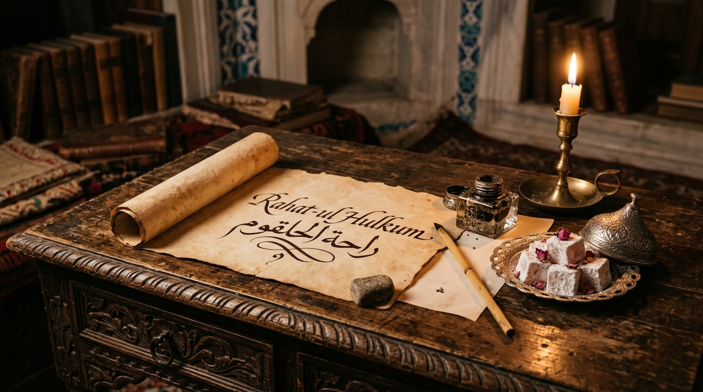 Antique Ottoman manuscript desk with calligraphy scroll reading Rahat-ul Hulkum and fresh dusted Turkish delights