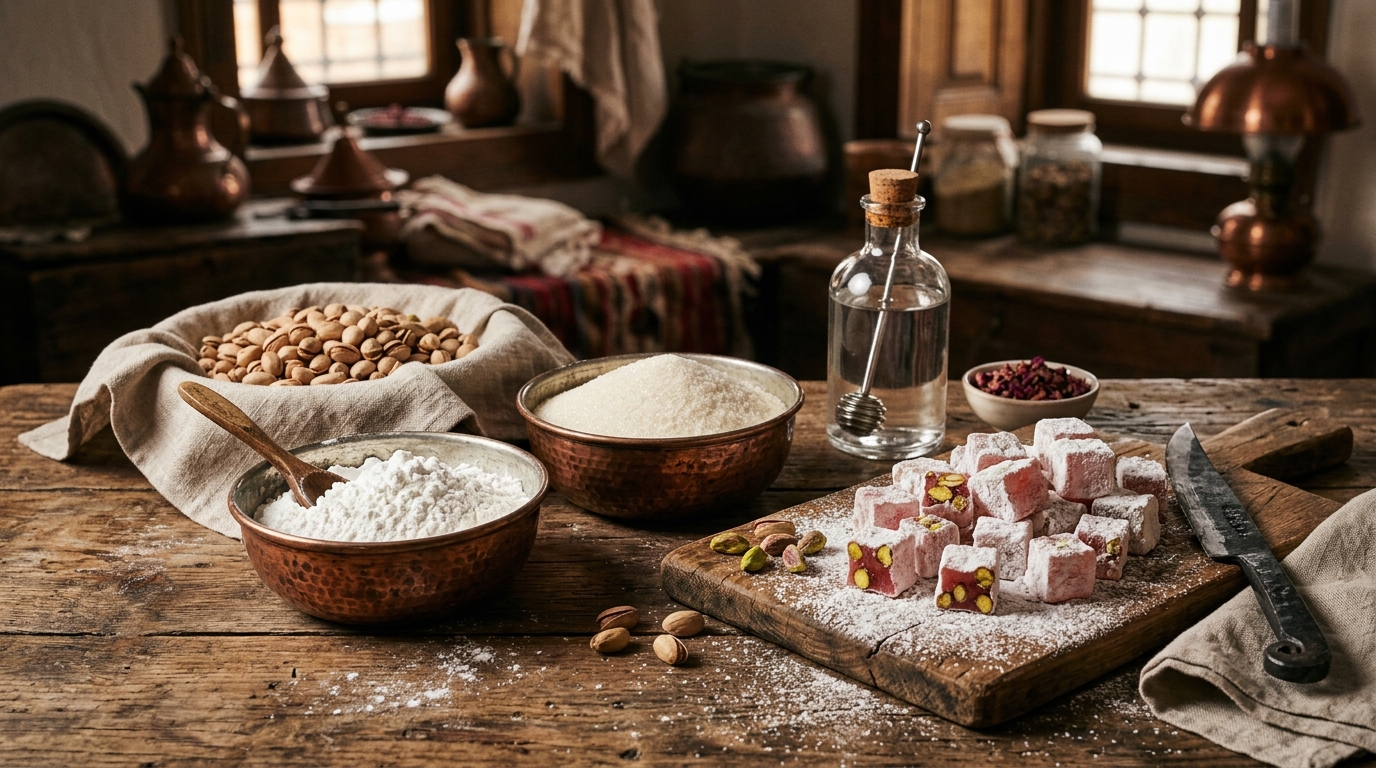 Raw ingredients of authentic Turkish delight: pure cornstarch in antique copper, beet sugar, pistachios, rosewater, and hand-cut dusted lokum cubes