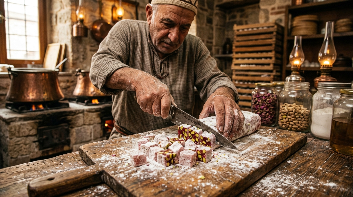 Osmanlı zanaatkarı el yapımı lokum kesimi