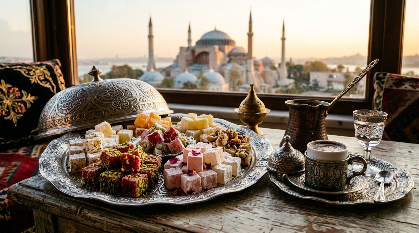 Assorted royal Turkish delights on an ornate Ottoman silver tray with Turkish coffee overlooking Hagia Sophia at sunset