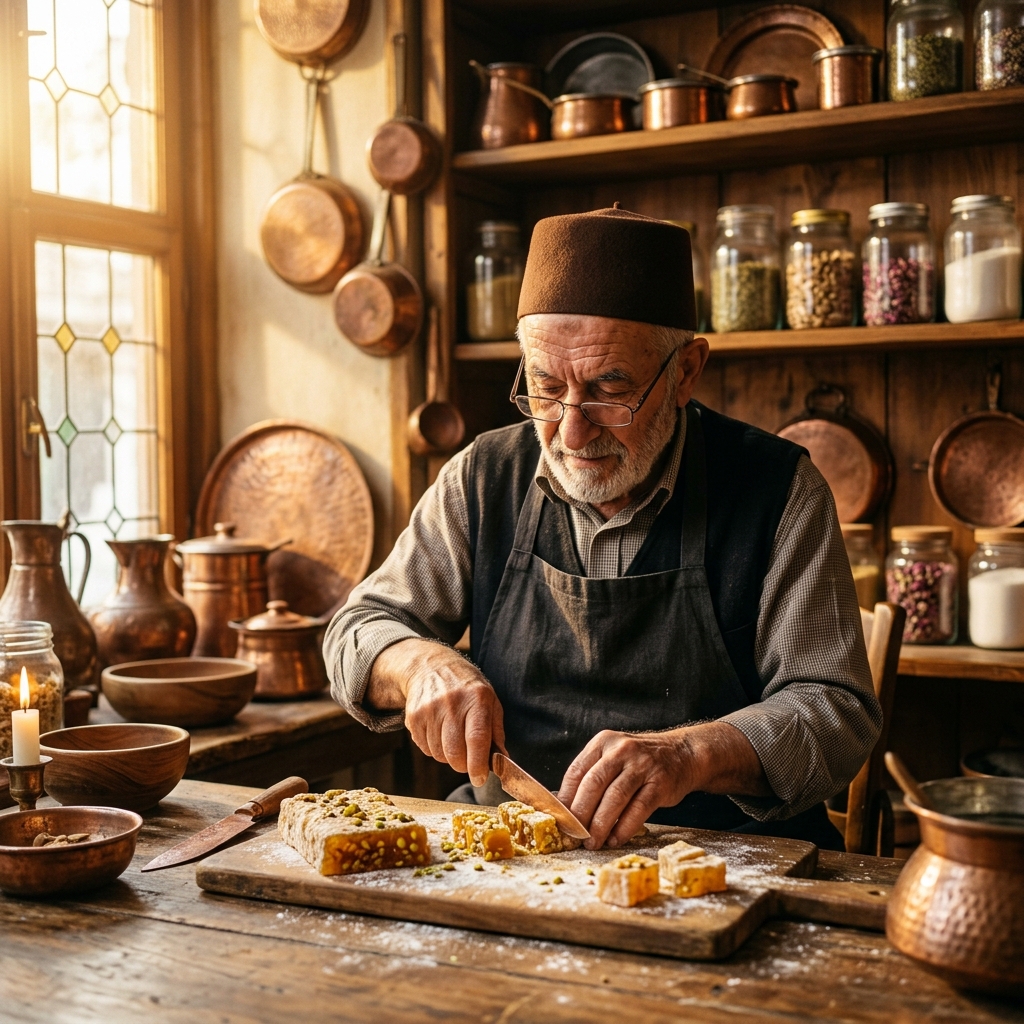 Geleneksel lokum ustası, bakır kazan başında çalışırken